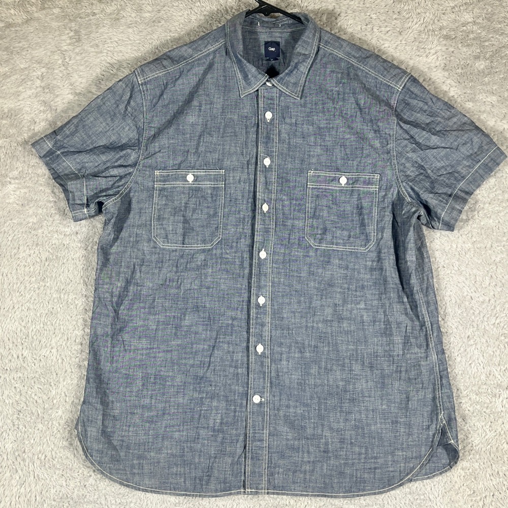 Gap Button Down Shirt Mens XL Blue Chambray Short Sleeve Workwear Pocket